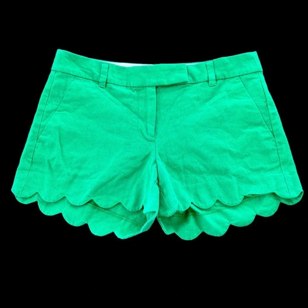 J Crew Factory Womens Size 6‎ Kelly Green Linen Blend Scallop Edge Shorts L2142